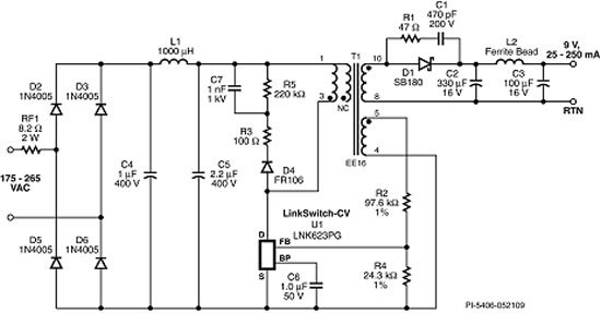 Power Integrations LinkSwitch converter schematic example