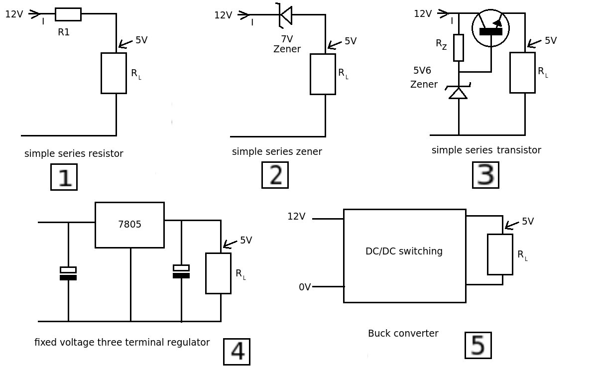 5 diagrams of different voltage regulators